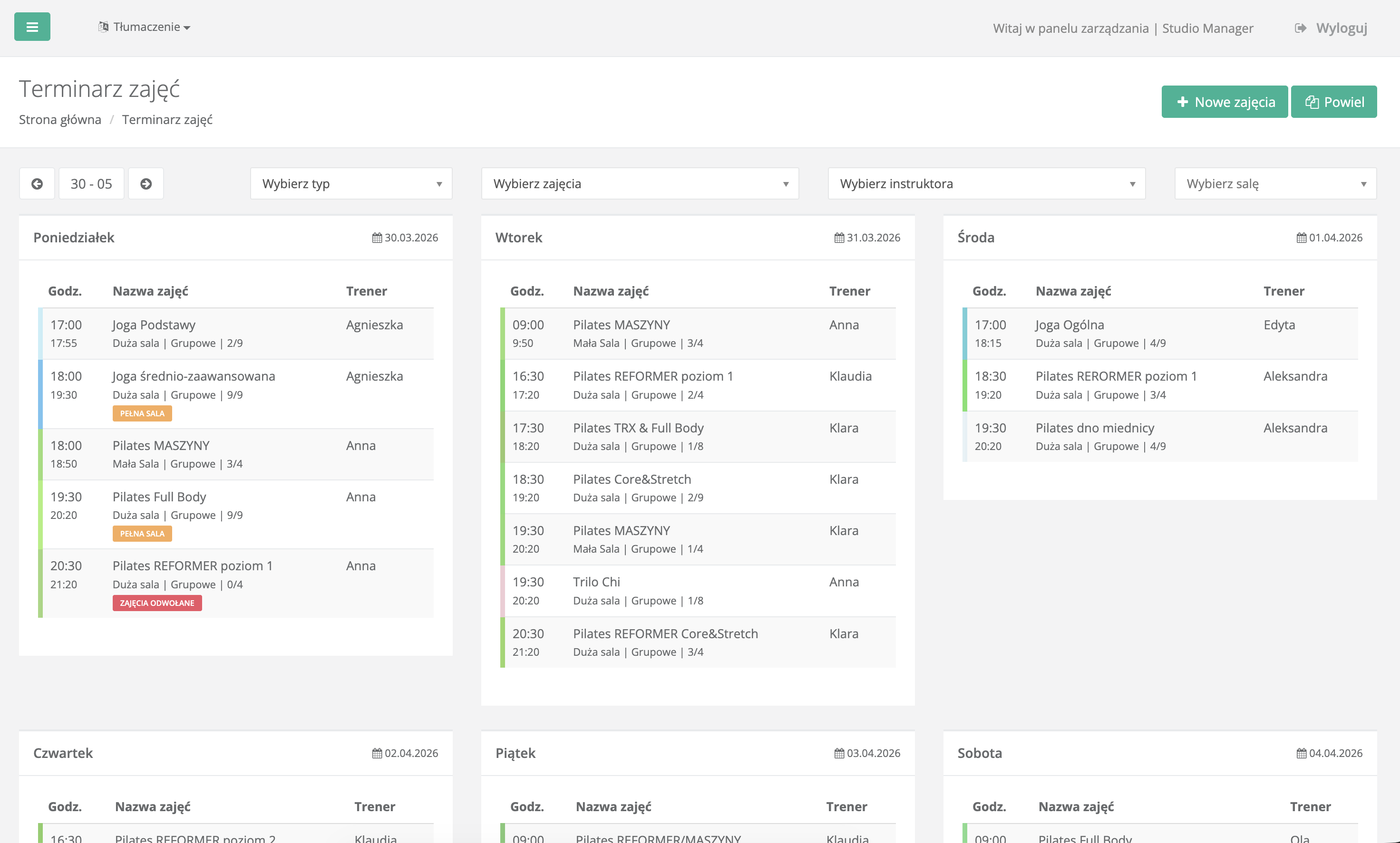 Panel administracyjny Studio Manager