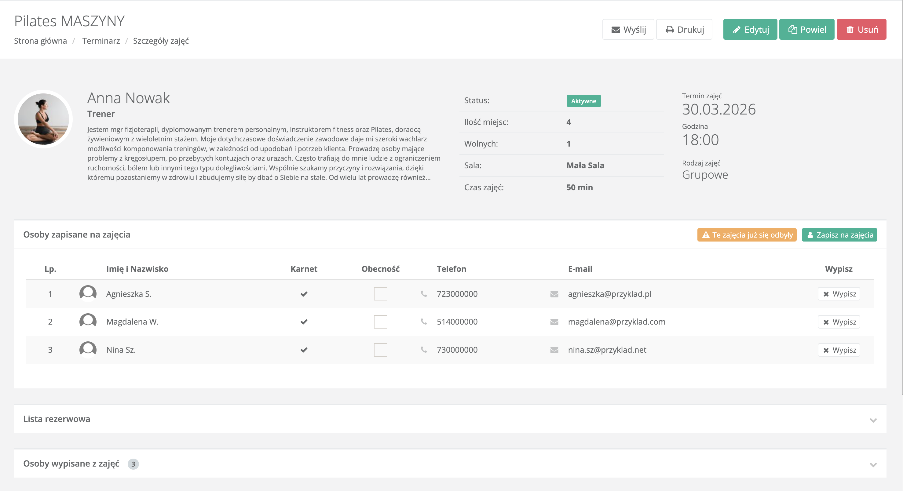 Grafik zajęć Studio Manager